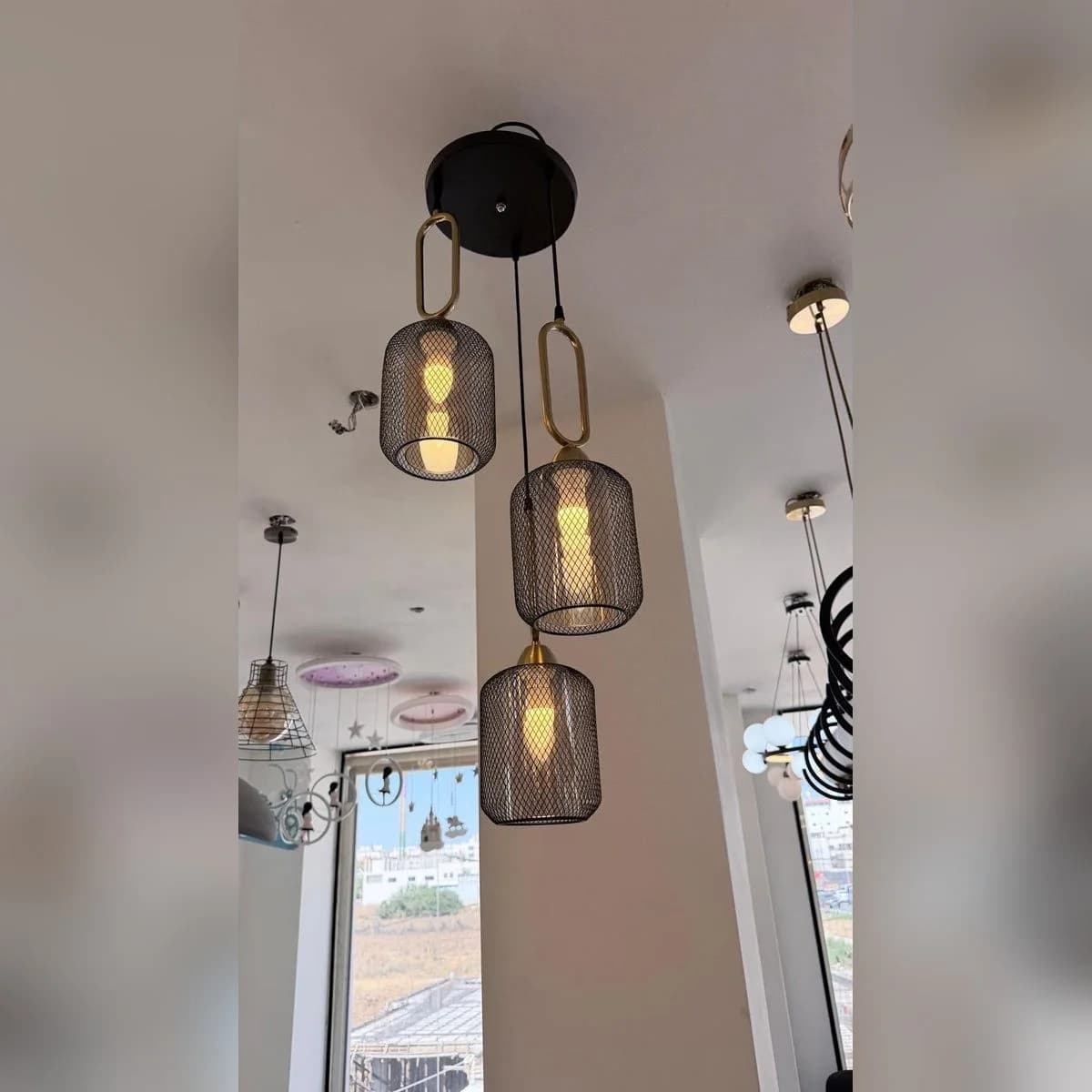 3-Head Black Mesh Pendant Light with Gold Accents 2