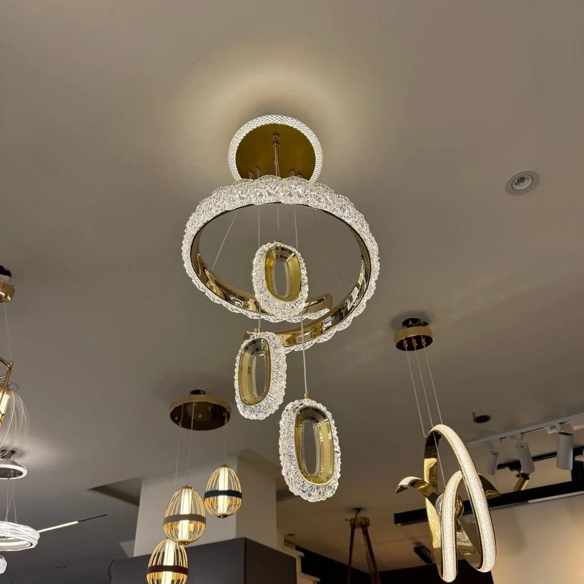 Gold LED Chandelier with 3 Oval Pendants 2