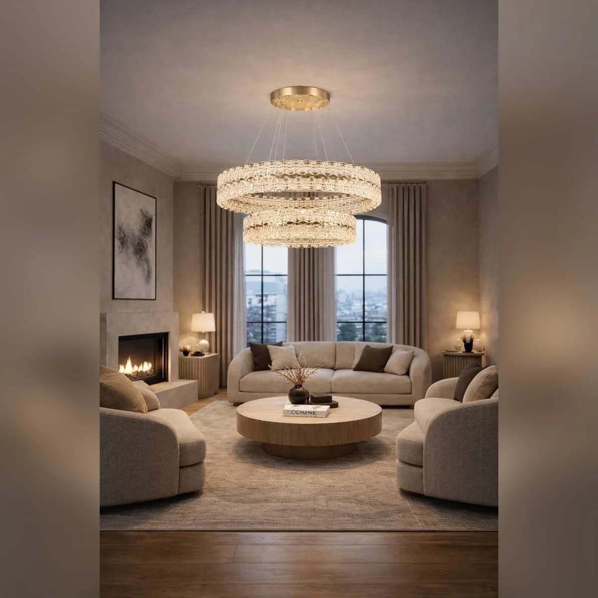 Modern 2-Ring Gold Crystal LED Chandelier 2
