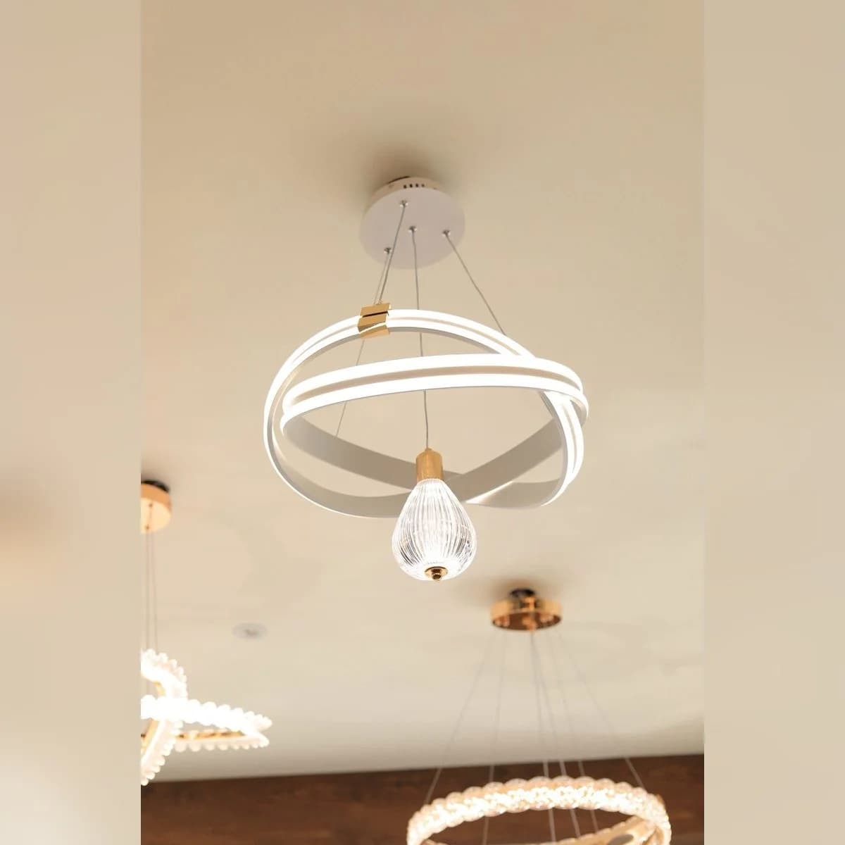 Modern White LED Ring Chandelier with Crystal Drop 2