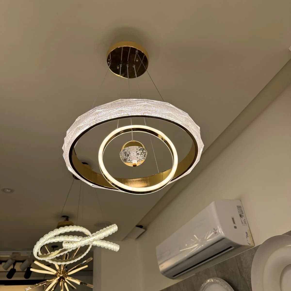 Gold LED Chandelier with Dual Rings & Crystal Ball 2