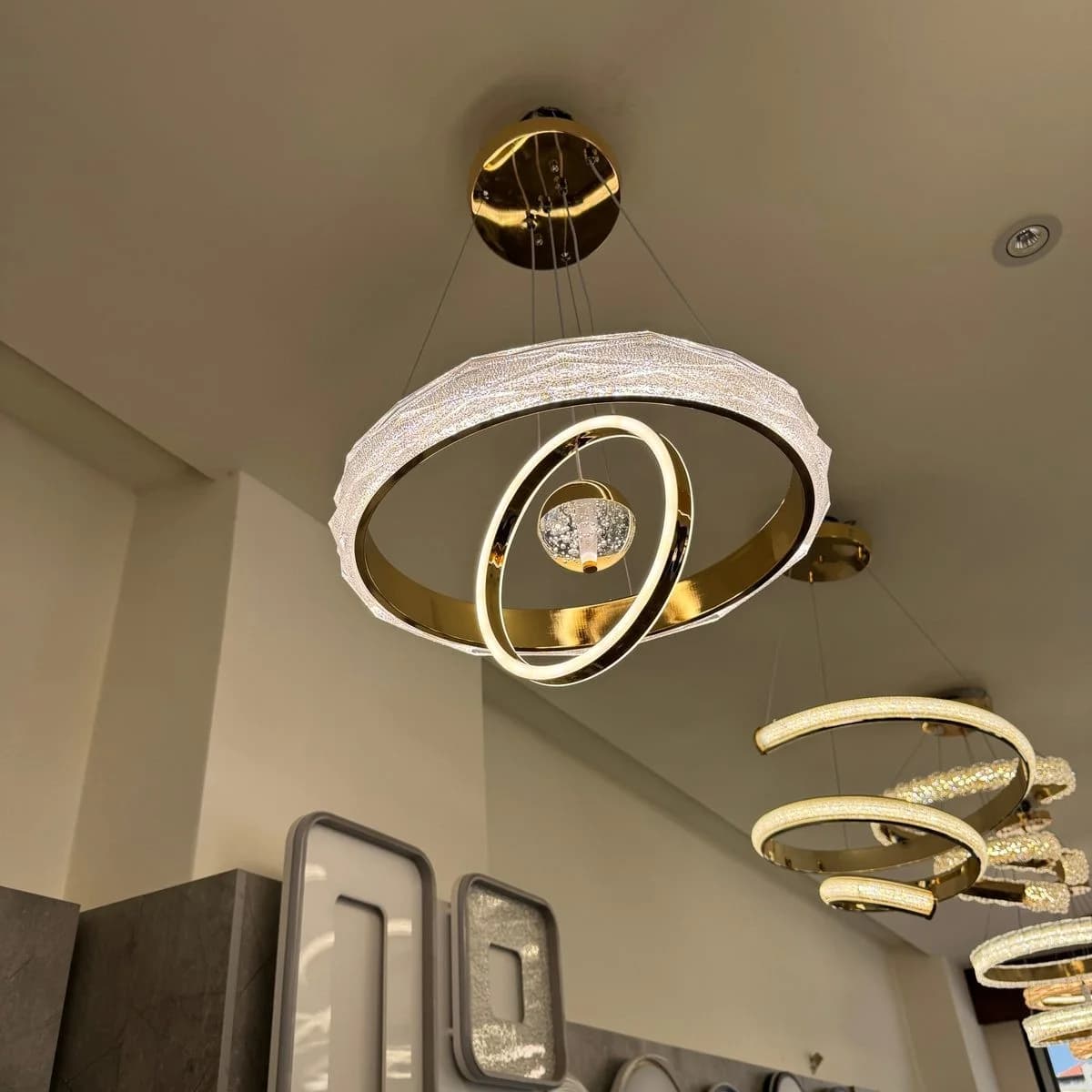 Gold LED Chandelier with Dual Rings & Crystal Ball 3