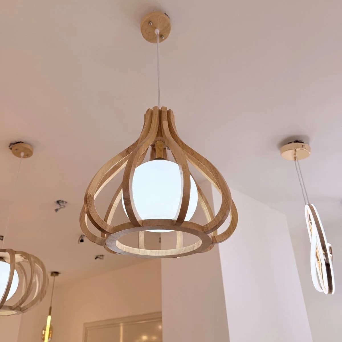 Wooden Pendant Light with Curved Slats & Glass Globe 2