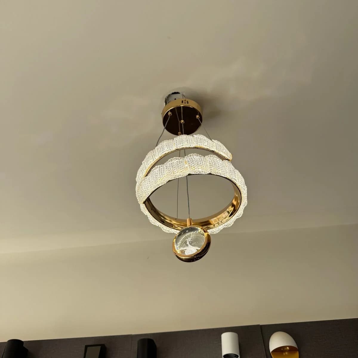 Gold 2-Ring LED Chandelier with Crystal Sphere 2