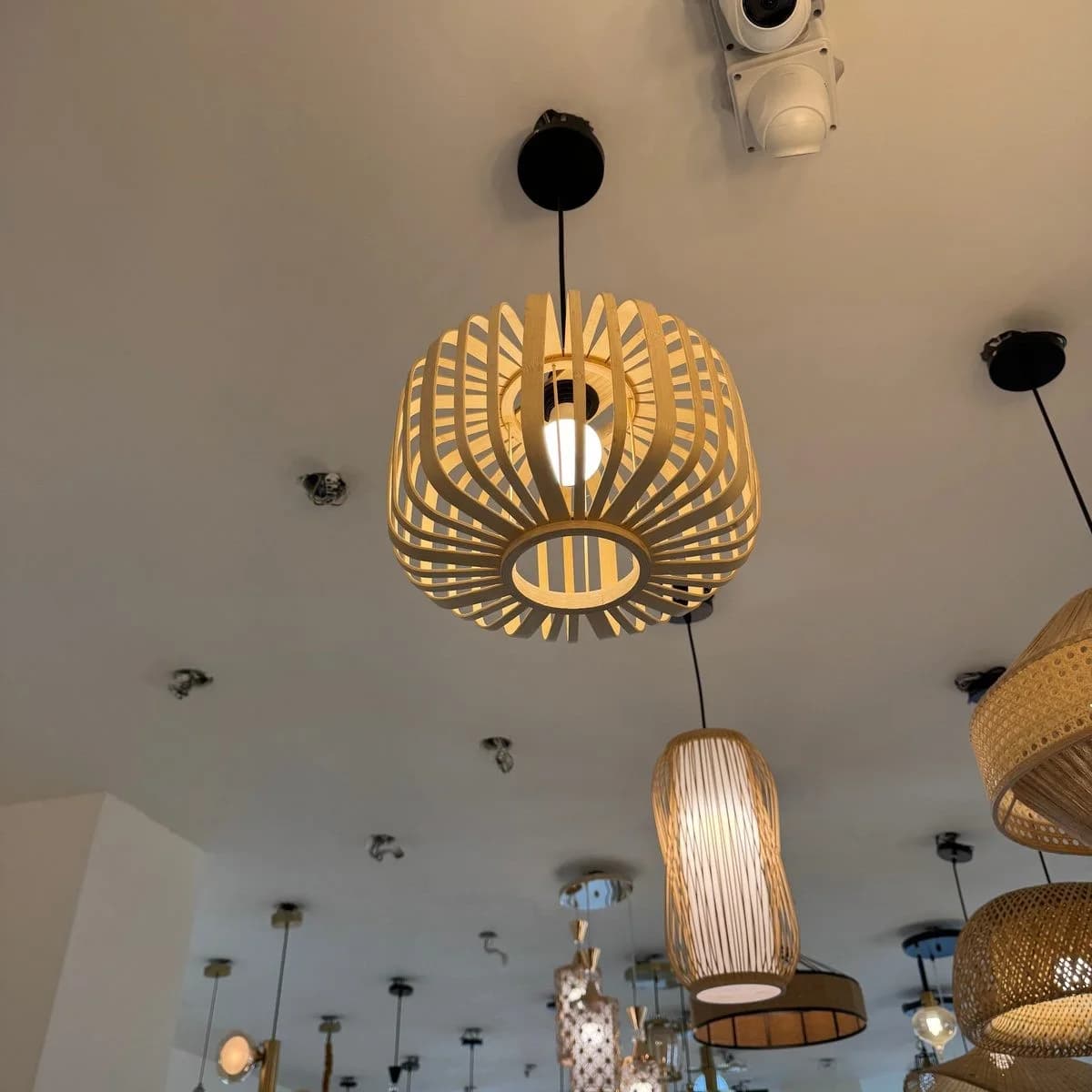 Spherical Slatted Wooden and Rattan Pendant Light 2