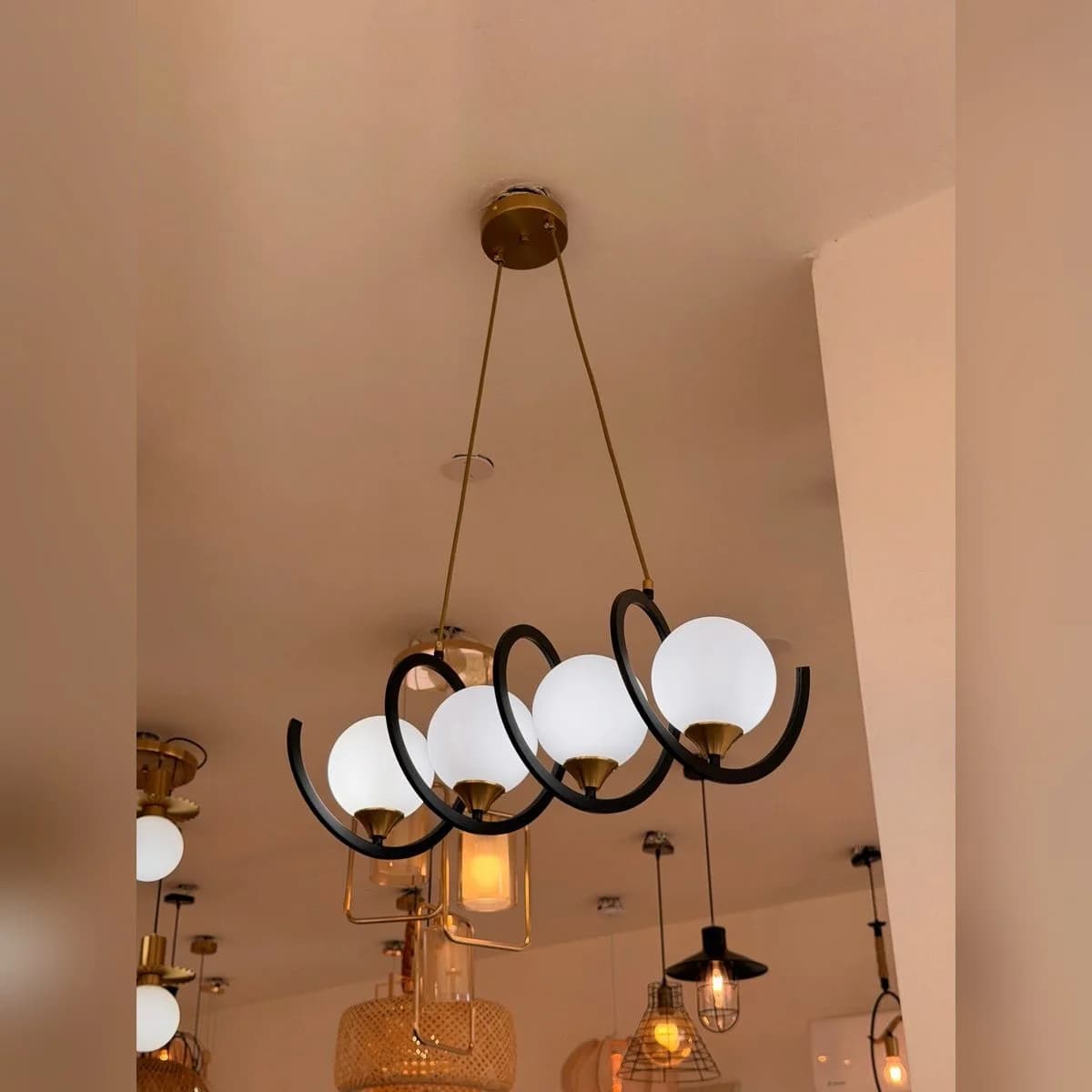 Modern Black Bar Chandelier with 4 White Glass Globes 2