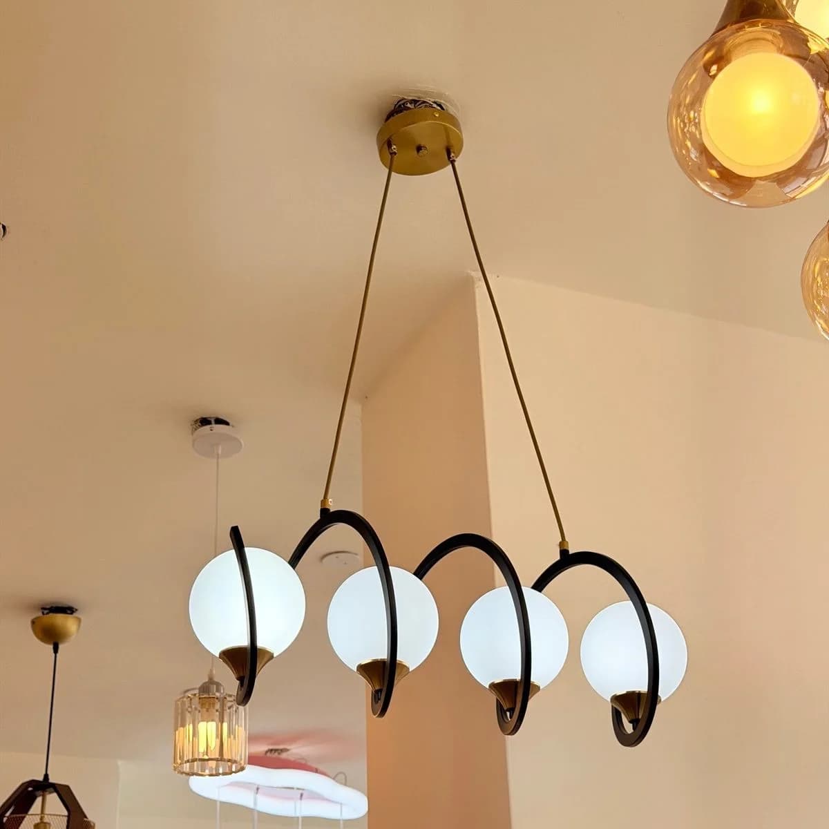 Modern Black Bar Chandelier with 4 White Glass Globes 3