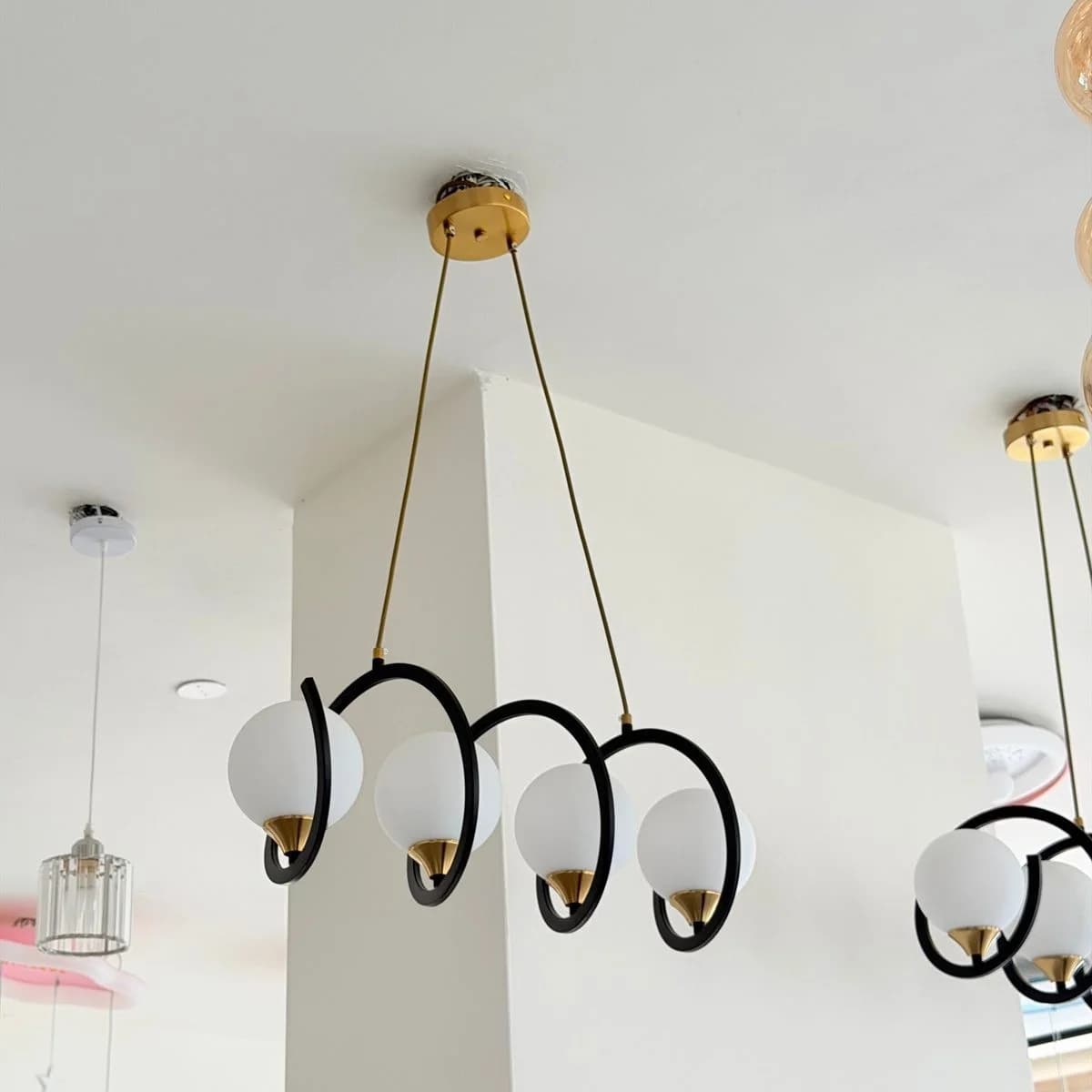 Modern Black Bar Chandelier with 4 White Glass Globes 4