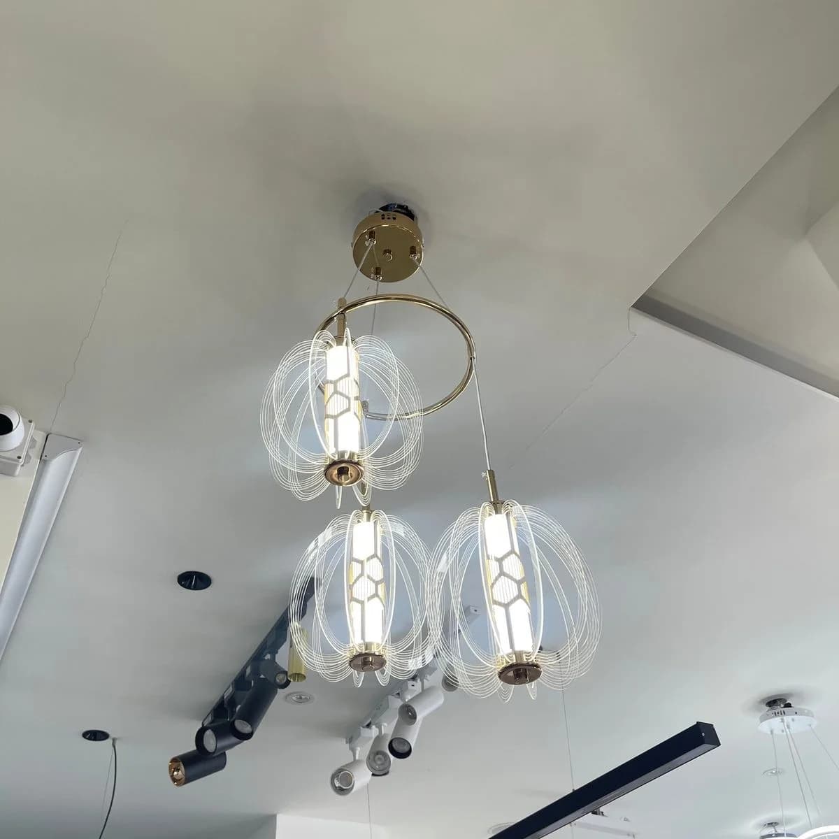 Triple Gold LED Wireframe Pendant Light 3