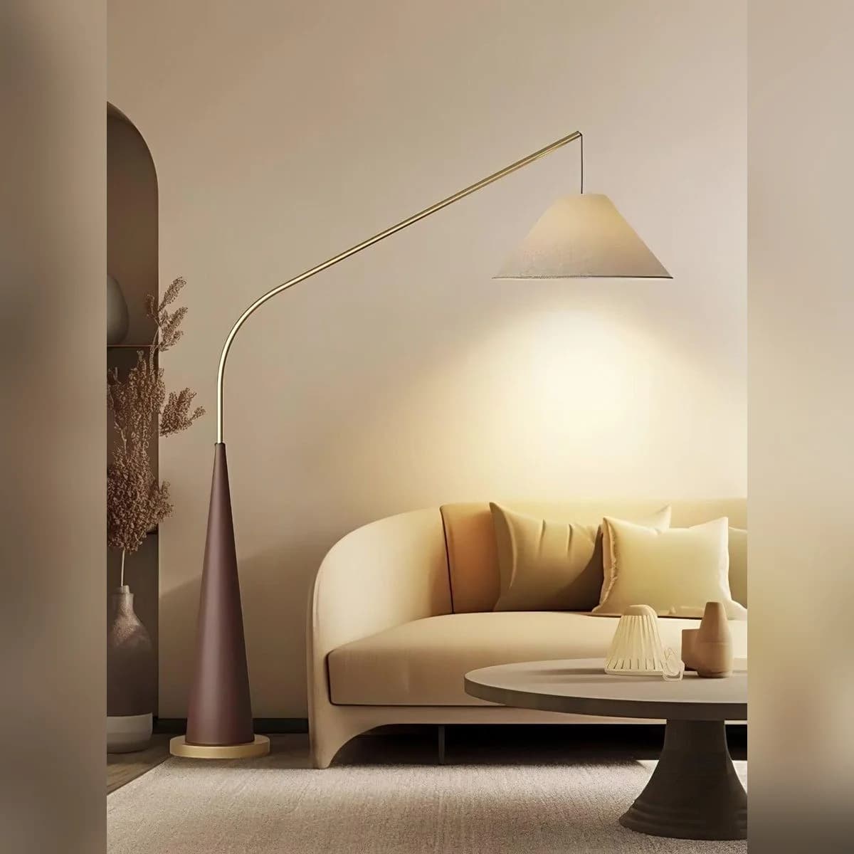 Arc Floor Lamp with Gold Arm and Conical Base 2