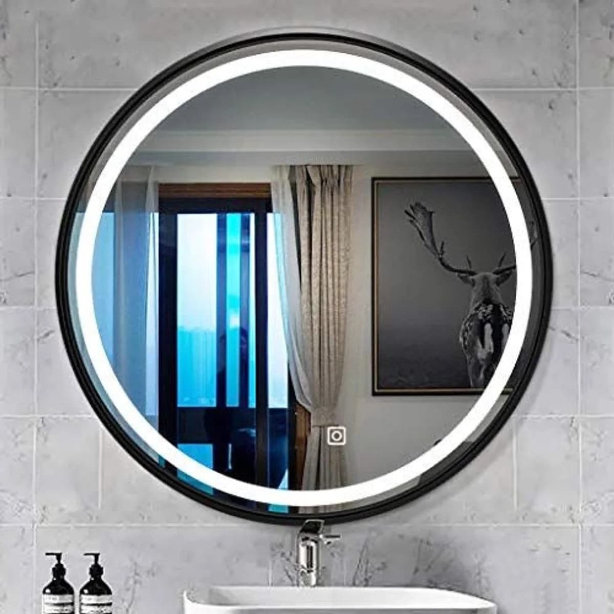 Round LED Bathroom Mirror with Black Frame & 3 Light Colors 2