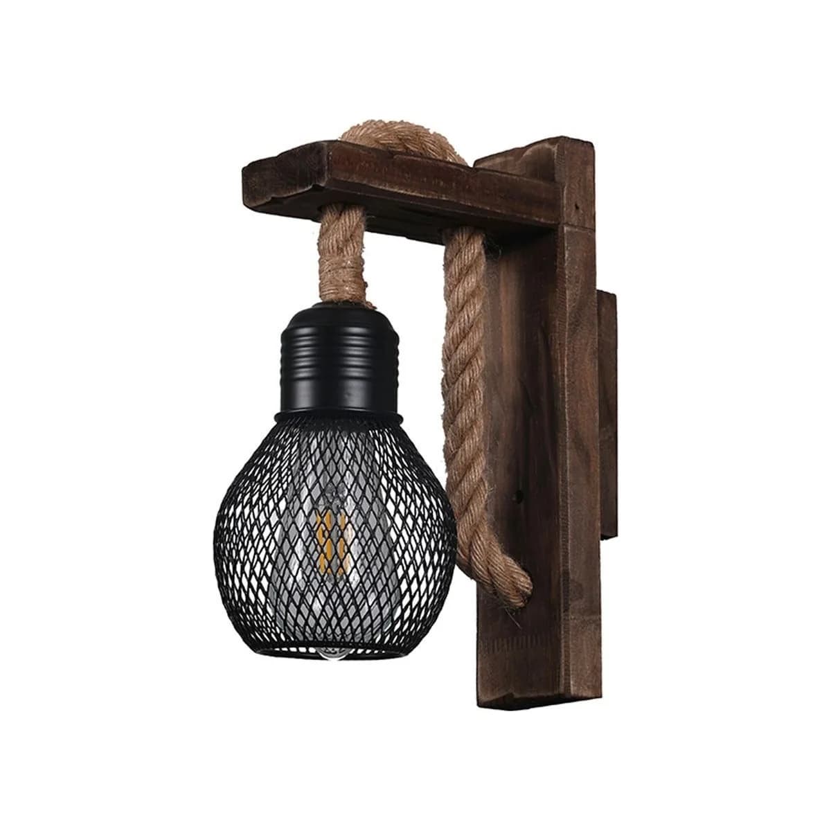 Rustic Wooden Wall Sconce with Rope & Mesh Cage 2