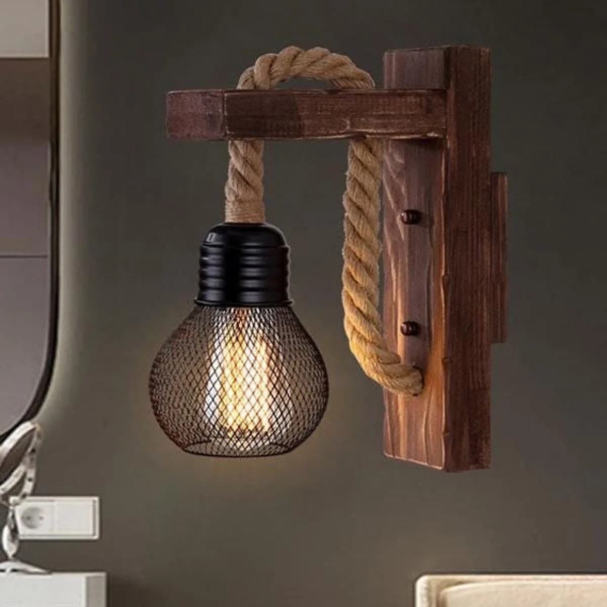 Rustic Wooden Wall Sconce with Rope & Mesh Cage 3
