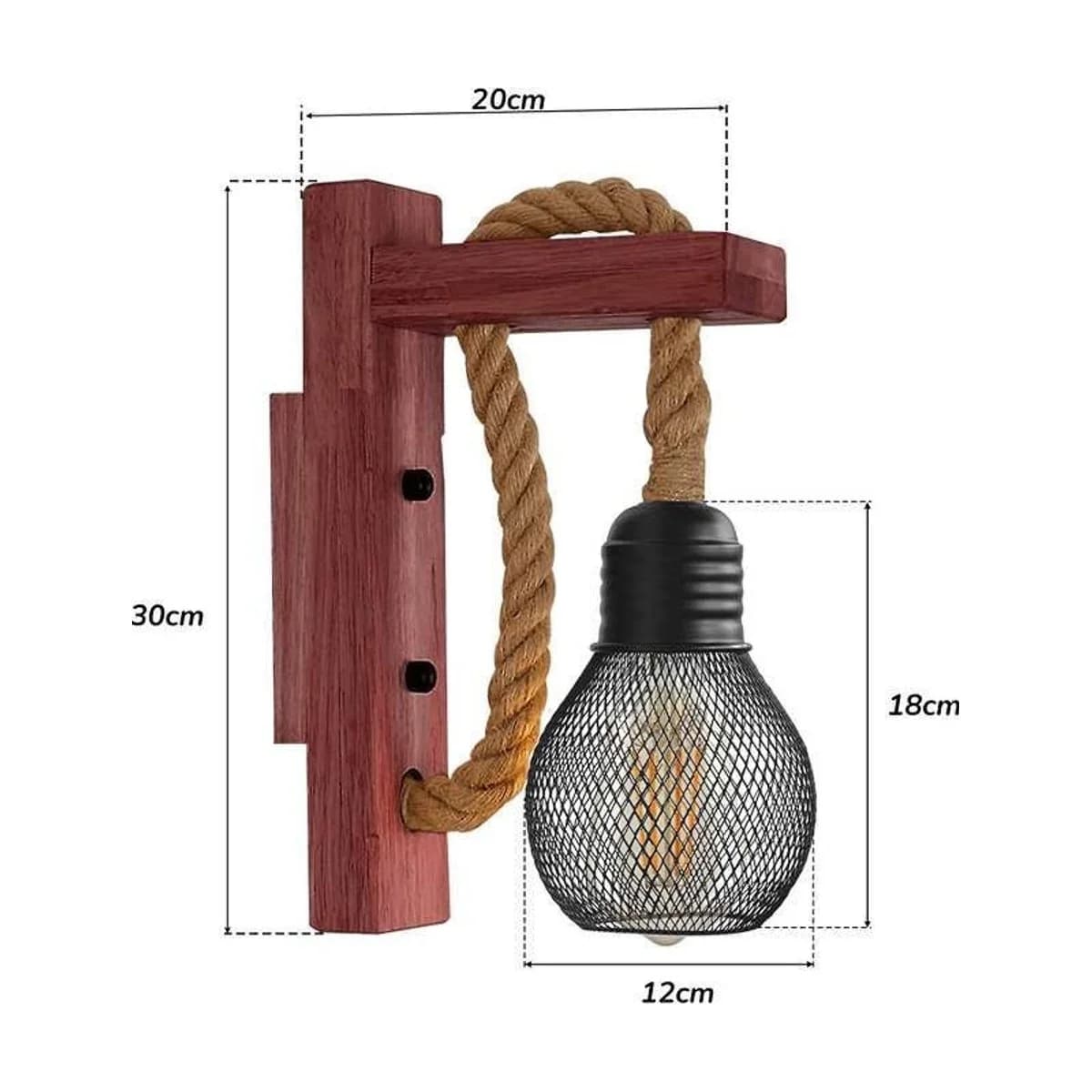 Rustic Wooden Wall Sconce with Rope & Mesh Cage 4